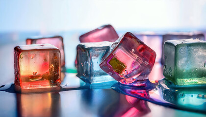 Aufkleber - Melting Ice Cubes Release Vibrant Colors Into a Small Puddle During a Warm Afternoon