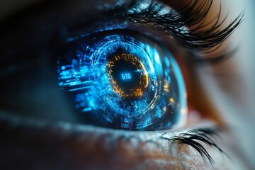 Fototapete - Human eye showing futuristic digital displaying data and information