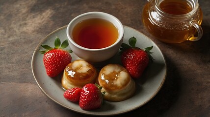 Wall Mural - A plate of Russian syrniki topped with strawberries and honey, with a cup of freshly brewed tea in the background