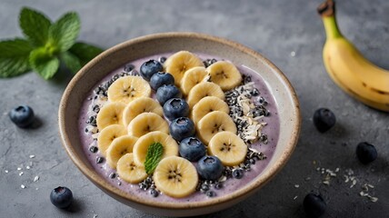 Wall Mural - A smoothie bowl with banana, blueberries, coconut flakes, and chia seeds, garnished with mint.