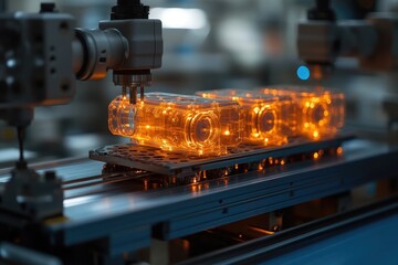 Fototapete - Robotic arm working on illuminated transparent objects in factory setting