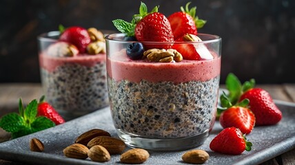 Wall Mural - Chia pudding in a glass, with a layer of strawberry puree at the bottom and fresh berries on top, garnished with nuts and mint