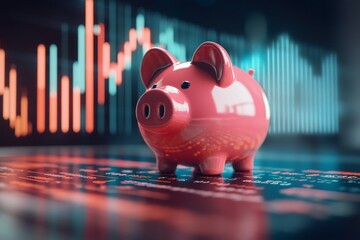 Poster - Piggy bank standing on financial data with stock market charts displayed on screen