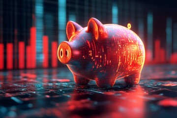 Poster - Glowing digital piggy bank stands on circuit board with stock market graph in background