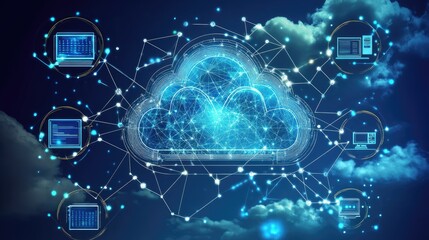 Poster - Abstract AI-driven cloud computing landscape with interconnected data streams and global networking.