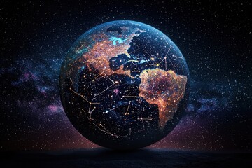 Poster - Digital rendering of planet Earth in the darkness of space, dotted with illuminated continents, connected by network lines against a galaxy backdrop.
