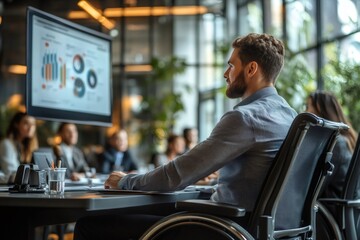 Poster - Businessman in wheelchair attending corporate meeting observing charts on monitor