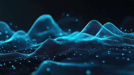 Poster - Abstract global data exchange network with blue digital waves and futuristic AI-driven analytics.