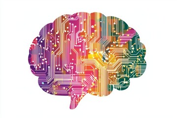 Fototapete - Colorful Circuit Brain, Abstract Thought, White Background, AI Concept