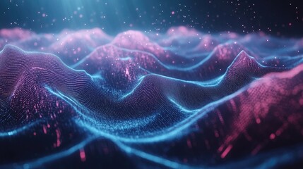 Poster - Abstract streaks of neon pink and blue waves forming a futuristic light trail effect.