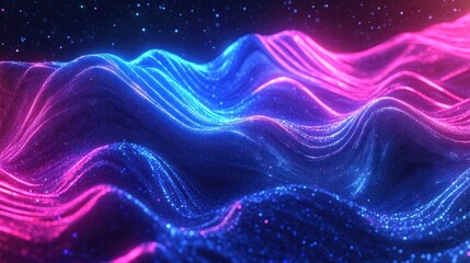 Poster - Abstract undulating light waves in neon blue and pink, glowing softly in the dark.