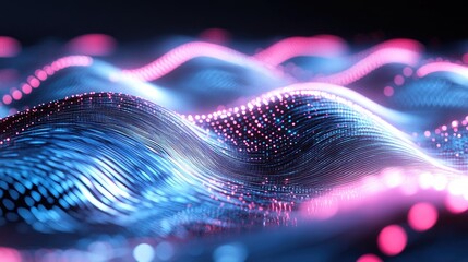 Poster - Abstract wavy light trails in a futuristic digital style, glowing in neon pink and blue.
