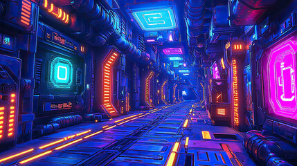 Wall Mural - Futuristic cityscape featuring neon lights in a long corridor and a cyberpunk alley adorned with glowing holograms and vibrant colors at night Background