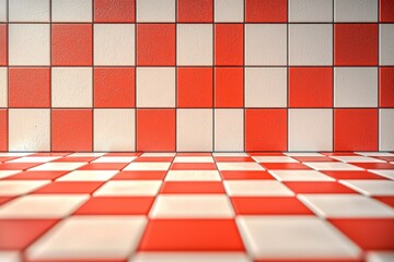 Poster - A bright and retro checkered tiled room with a red and white pattern, creating a vintage or diner-like atmosphere, using textured tiles for a classic and clean design.