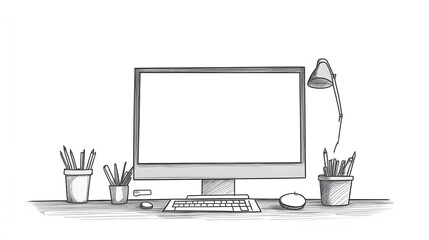 Leinwandbilder - simple sketch of a desk setup with computer keyboard and desk la