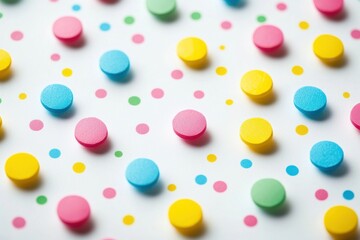 Poster - Colorful polka dot background with pastel pink, yellow, blue and green circles scattered on a white surface, creating a cheerful and playful design for various creative projects.