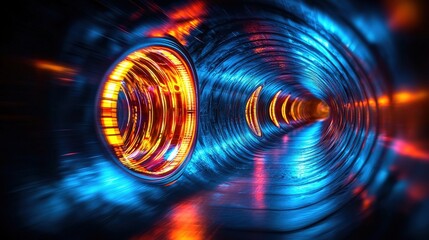 Poster - Illuminated tunnel with bright lights casting dramatic shadows creating an enigmatic atmosphere