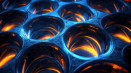 Wall Mural - Beer cans surrounded by flames with a high-tech digital grid and glowing neon background in a futuristic setting Background