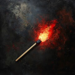 Canvas Print - Lit matchstick on dark background, fiery tip, artistic paint texture.