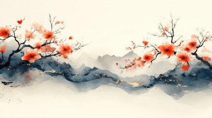 Wall Mural - Serene watercolor landscape featuring blooming cherry blossoms against misty mountains in background