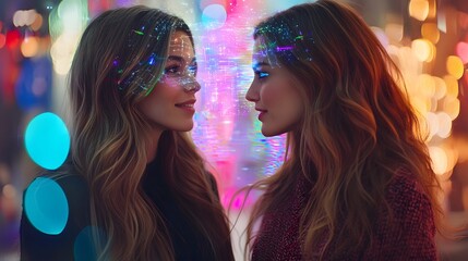 Poster - Two women collaborating closely together while interacting with a futuristic holographic interface for fashion design and innovation