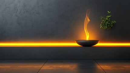 Poster - Modern minimalist room, glowing flame bowl, neon light, plant