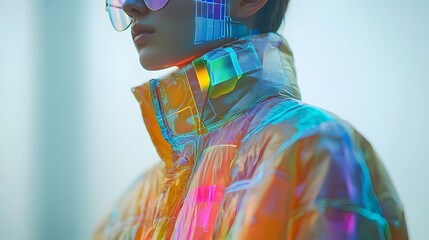 Poster - Precision close up view of vibrant futuristic holographic design features being analyzed and debated by fashion industry professionals in a studio setting