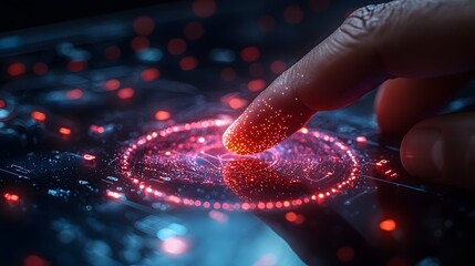 Poster - Close up of a fingertip interacting with a glowing holographic interface representing a futuristic digital technology concept with abstract visualization modern design and innovative user experience