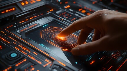 Poster - Close up of a finger activating a futuristic holographic technology display interface with neon lighting and digital data elements  Sci fi cyberpunk and high tech concept