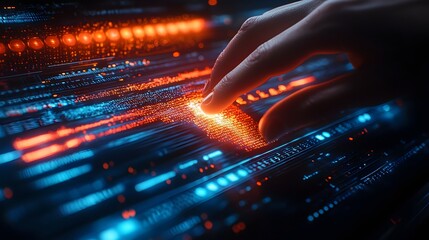 Poster - Close up view of a human finger interacting with a holographic technology display showcasing a futuristic digital interface with vibrant colors cyberpunk inspired elements