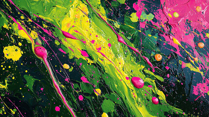 Wall Mural - Abstract paint splats and dynamic paint splash in electric green and magenta colors on a textured background creating a vibrant artistic composition Background