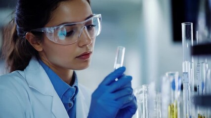 Wall Mural - scientist analyzing chemical samples in modern laboratory setting with focus on experimentation
