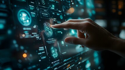 Poster - Close up view of fingertips seamlessly swiping through a sleek holographic menu system showcasing the advanced technological interface of the future