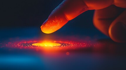 Poster - Close up view of a human finger pressing a floating holographic button with glowing orange and blue illumination effects in a futuristic digital space or interface