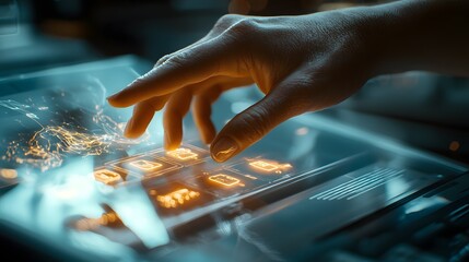 Poster - Close up of a human hand carefully navigating and selecting various options on a high tech holographic touch screen interface  This dynamic