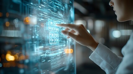 Poster - Close up view of a hand reaching out and selecting options on a transparent futuristic holographic display screen
