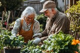 Una pareja de ancianos disfruta trabajando en su jard�n, cultivando plantas y compartiendo momentos alegres.