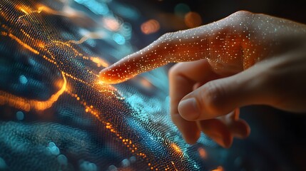Poster - Close up view of a hand with a finger pointing towards a holographic glowing map projection