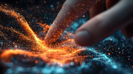 Poster - close up view of a human finger interacting with dynamic glowing holographic elements showcasing a f