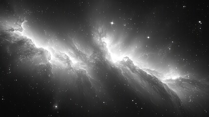 Stunning black and white depiction of a cosmic nebula showcasing swirling gases and stars