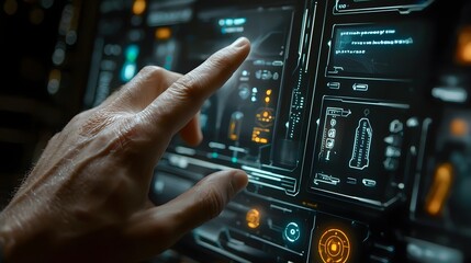 Poster - Close up view of a human finger interacting with a high tech futuristic holographic virtual reality interface on a digital display or dashboard  The interface features advanced touch controls