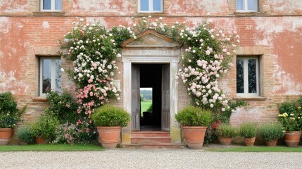  A house entrance adorned with symmetrical potted plants and a charming floral archway.