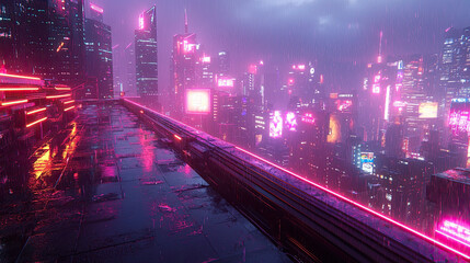 Wall Mural - Futuristic city skyline at night featuring neon lights elevated train and cyberpunk architecture on rooftops with a vibrant glowing atmosphere Background