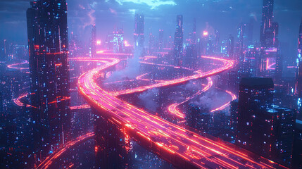 Wall Mural - Futuristic cyberpunk cityscape with glowing neon highways and bright city lights at night Background