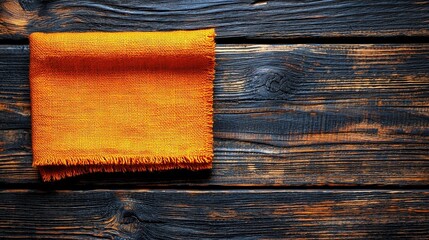Poster - Vibrant piece of orange fabric spread across smooth wooden surface