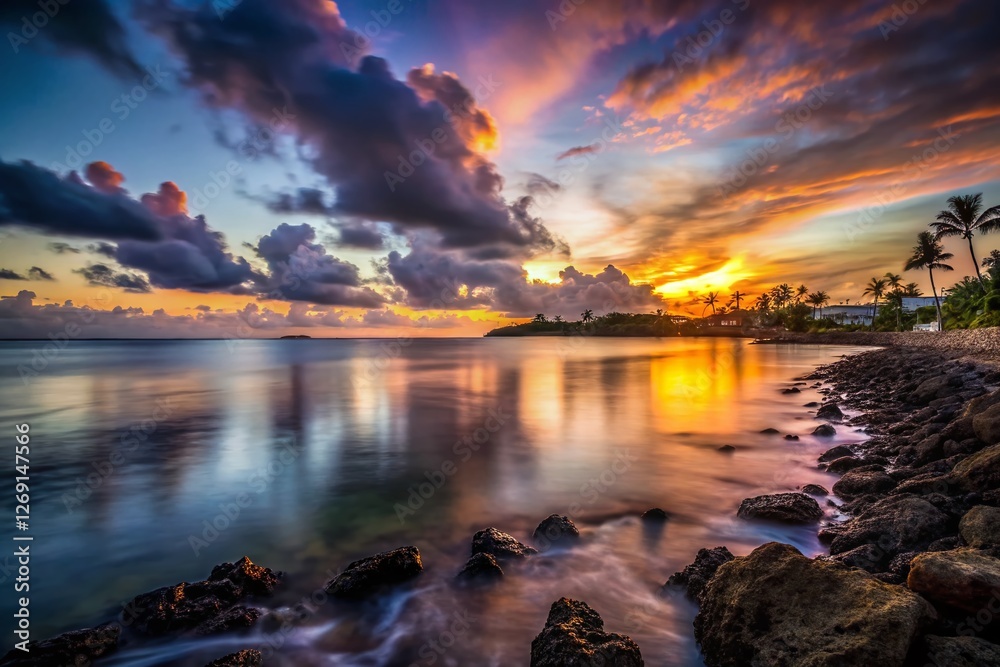 San Juan Bay Shoreline Long Exposure: Puerto Rico Coastal Sunset Stock ...
