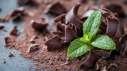 Wall Mural - A close-up shot of a piece of chocolate paired with a sprig of fresh mint