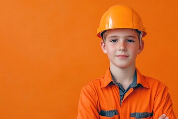 Poster - A young boy wearing an orange hard hat on a construction site or at work, with potential uses in business or education
