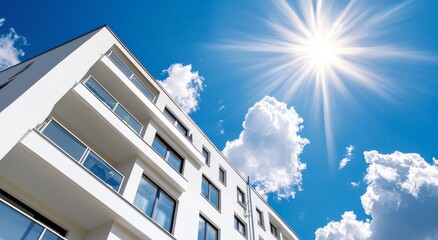 modern apartment building under bright sun with clear blue sky and fluffy clouds creating a serene u