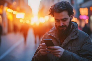 Poster - A person examines their mobile device on a busy urban sidewalk